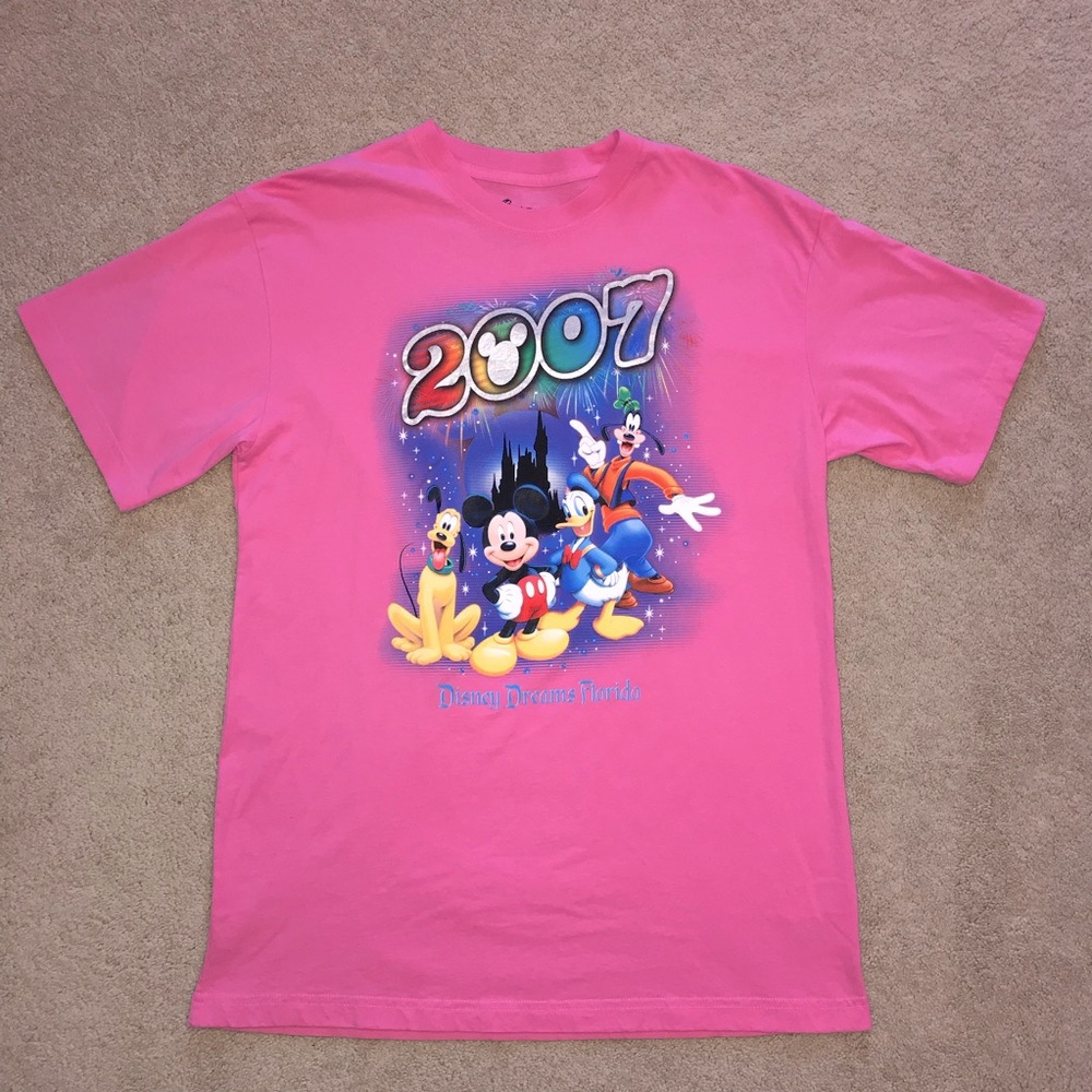 Disney Dreams Florida Pink T Shirt 2007 Adult Size L Mickey Pluto Donald Goofy